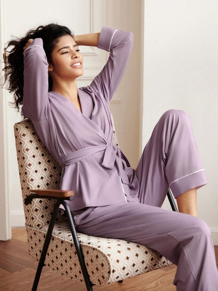 Herbst- und Winterpurpurweiche 100% reine Baumwoll-Oberteil mit Schleife, Basis-Langzeit-Damen-Pyjama-Set, Loungewear-Sets für Damen, Herbst-Pyjamas-Kleidung