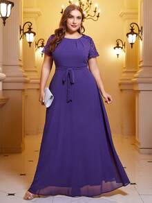 SHEIN Belle Plus Contrast Lace Belted Chiffon Dress - Mauve Purple - View 3