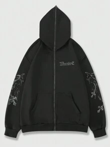 ROMWE MEN Goth Guys Slogan & Wings Print Kangaroo Pocket Drawstring Hoodie - Black - View 2