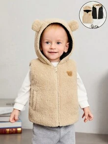 SHEIN 男嬰 1 入組熊刺繡 3D 耳朵設計連帽抓絨背心夾克 - 黑色 - 查看 5