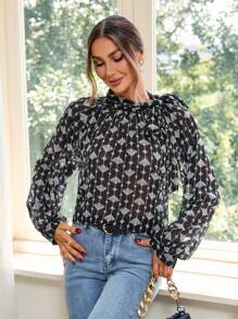 Aveloria 通體印花荷葉邊燈籠袖襯衫 - 黑與白 - 查看 3