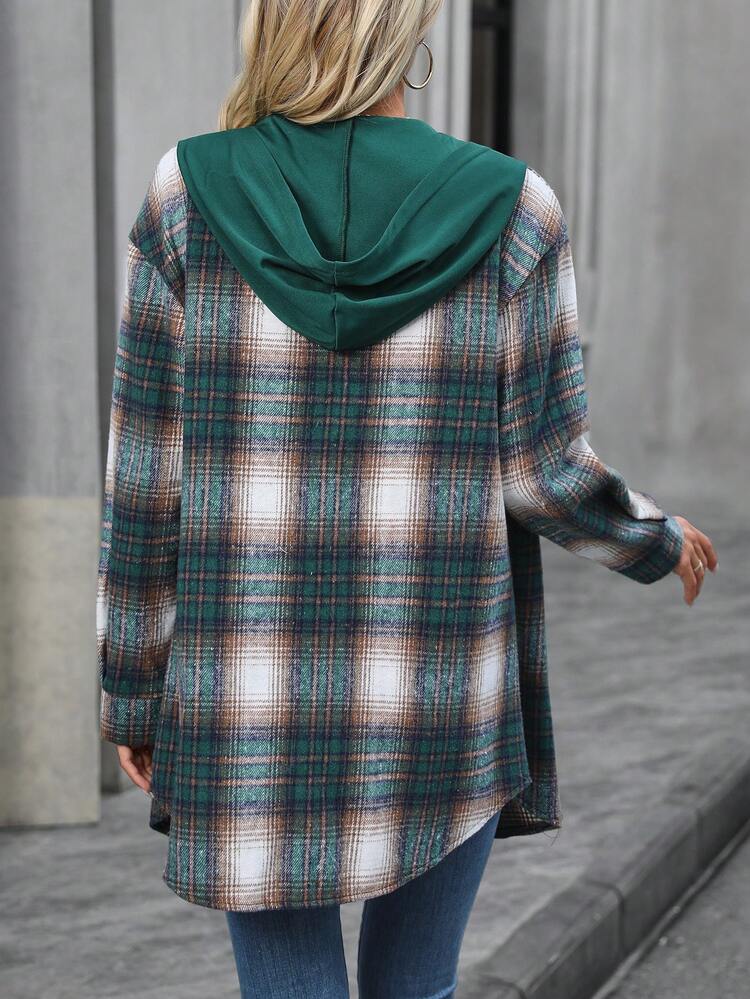 Plaid Print Drop Shoulder Hooded Coat Fall Cloth For Women