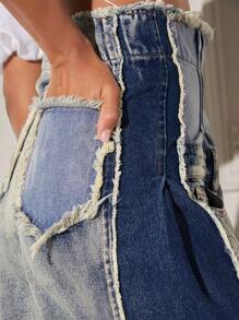 Denimoi Jeans de pierna ancha con cintura alta, bolsillos sesgados y bloques de color apilados - Azul - Ver 4