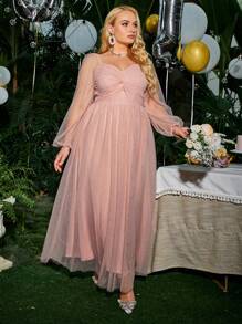 Simplee Plus Size Elegant & Romantic Solid Color Mesh Twist Ruffle Hem Dress, Long Party Gown, Wedding Guest Dress, Suitable For Valentine's Day