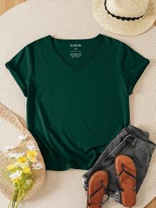 INAWLY Plus Solid V Neck Tee - Dark Green - View 1
