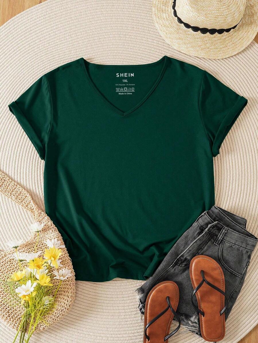 INAWLY Plus Solid V Neck Tee - Dark Green - View 1