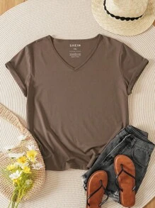 INAWLY Plus Solid V Neck Tee - Mocha Brown - View 1