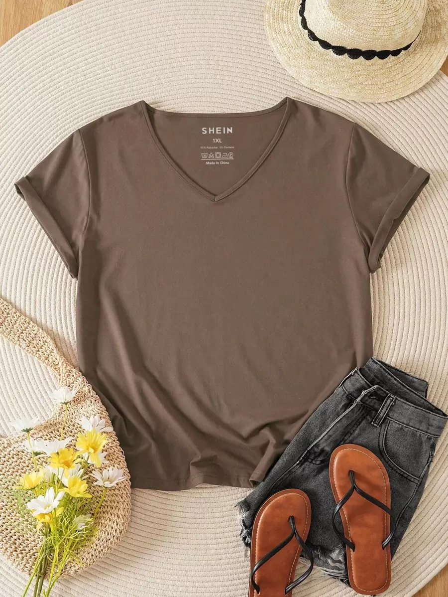 INAWLY Plus Solid V Neck Tee - Mocha Brown - View 1