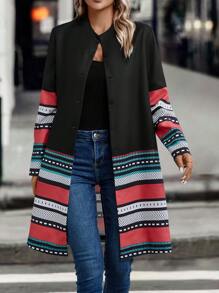 EMERY ROSE 休閒鈕扣 口袋幾何 條紋女士常規外套 - 彩色 - 查看 1