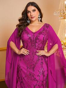 YISIKADO 大碼亮片拼接斗篷袖舞會洋裝 - 玫紅色 - 查看 3