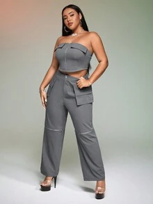 SHEIN ICON Plus Zip Up Tube Top & Flap Pocket Cargo Pants - Grey - View 6