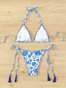 SHEIN Swim Bộ bikini tam giác dây in hoa đi biển mùa hè - Xanh và trắng - Xem 8