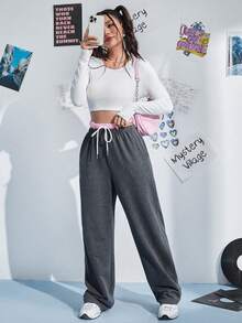 SHEIN EZwear Pantalones de pierna ancha de cintura con cordón con bolsillo oblicuo - Multicolor - Ver 6