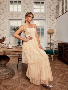 Simplee One Shoulder Frill Trim Mesh Overlay Dress - Apricot - View 7