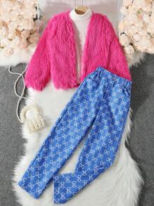 SHEIN Tween Girl Solid Open Front Fuzzy Jacket & Allover Print Pants Without Sweater