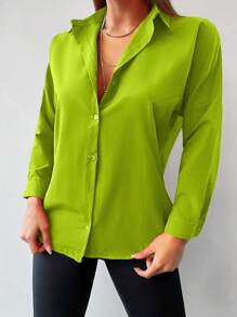 EURMUSE Solid Button Front Drop Shoulder Shirt - Mustard Yellow - View 6