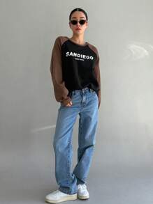 DAZY Sudadera con estampado de letra de manga raglán de dos tonos - Negro - Ver 3