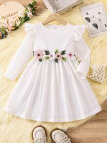 SHEIN 女小童貼花荷葉邊洋裝 - 白色 - 查看 1