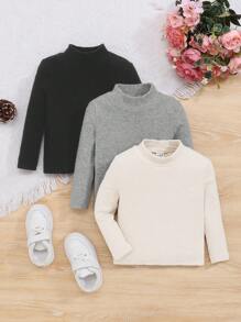 SHEIN 3入組純色休閒寶寶女孩高領條紋針織t恤,全配風格