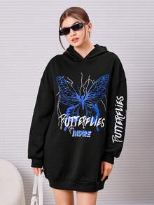 青少年女孩蝴蝶和字母圖案落肩袖連帽洋裝