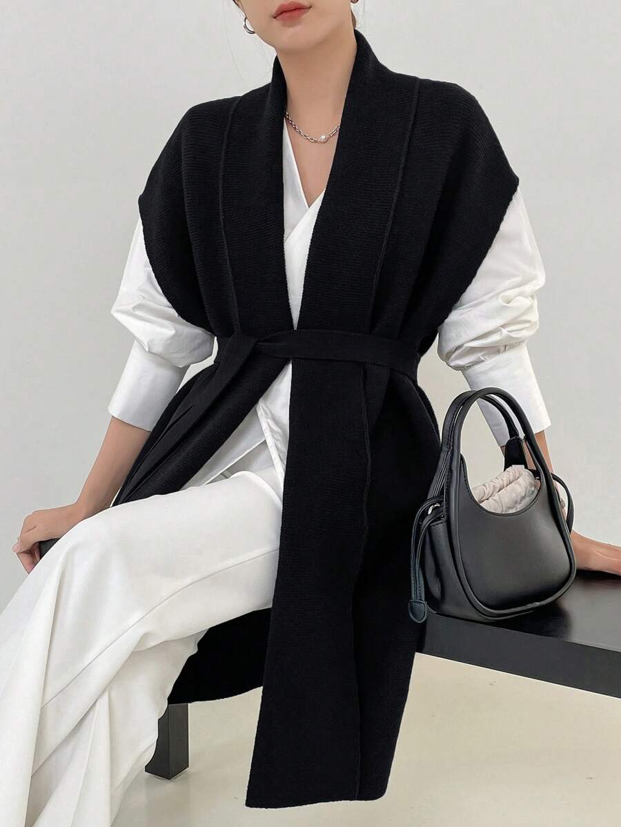 DAZY 1 件纯色蝙蝠袖开衫，休闲商务风格，秋季，无袖上衣 - 黑色 - 查看 1