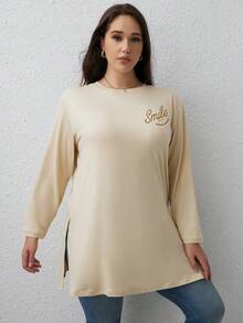 SHEIN Unity 大碼字母圖案下擺開叉T恤 - 杏色 - 查看 5