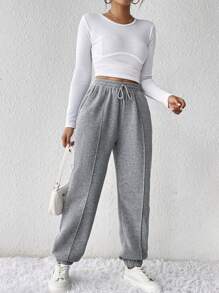 SHEIN Frenchy Women's Solid Color Elastic Waist Drawstring Pocket Sweatpants Winter - Grey - View 3