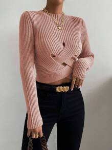 SHEIN Essnce Crisscross Cut Out Ribbed Knit Sweater - Dusty Pink - View 7