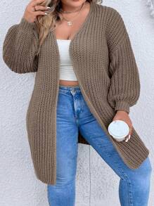SHEIN CURVE+ Plus Drop Shoulder Duster Cardigan - Coffee Brown - View 7