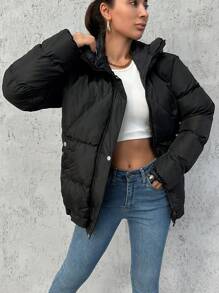 EURMUSE Zip Up Hooded Puffer Coat - Black - View 3