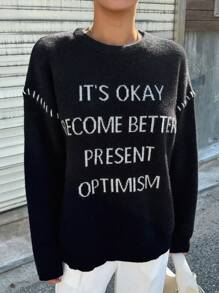 DAZY Maglione con spalle a goccia e stampa con slogan, abbigliamento autunnale da donna - nero - Visualizzare 6