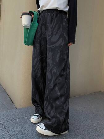 FRIFUL Spodnie z szerokimi nogawkami w marmurkowy wzór, jesień i zima