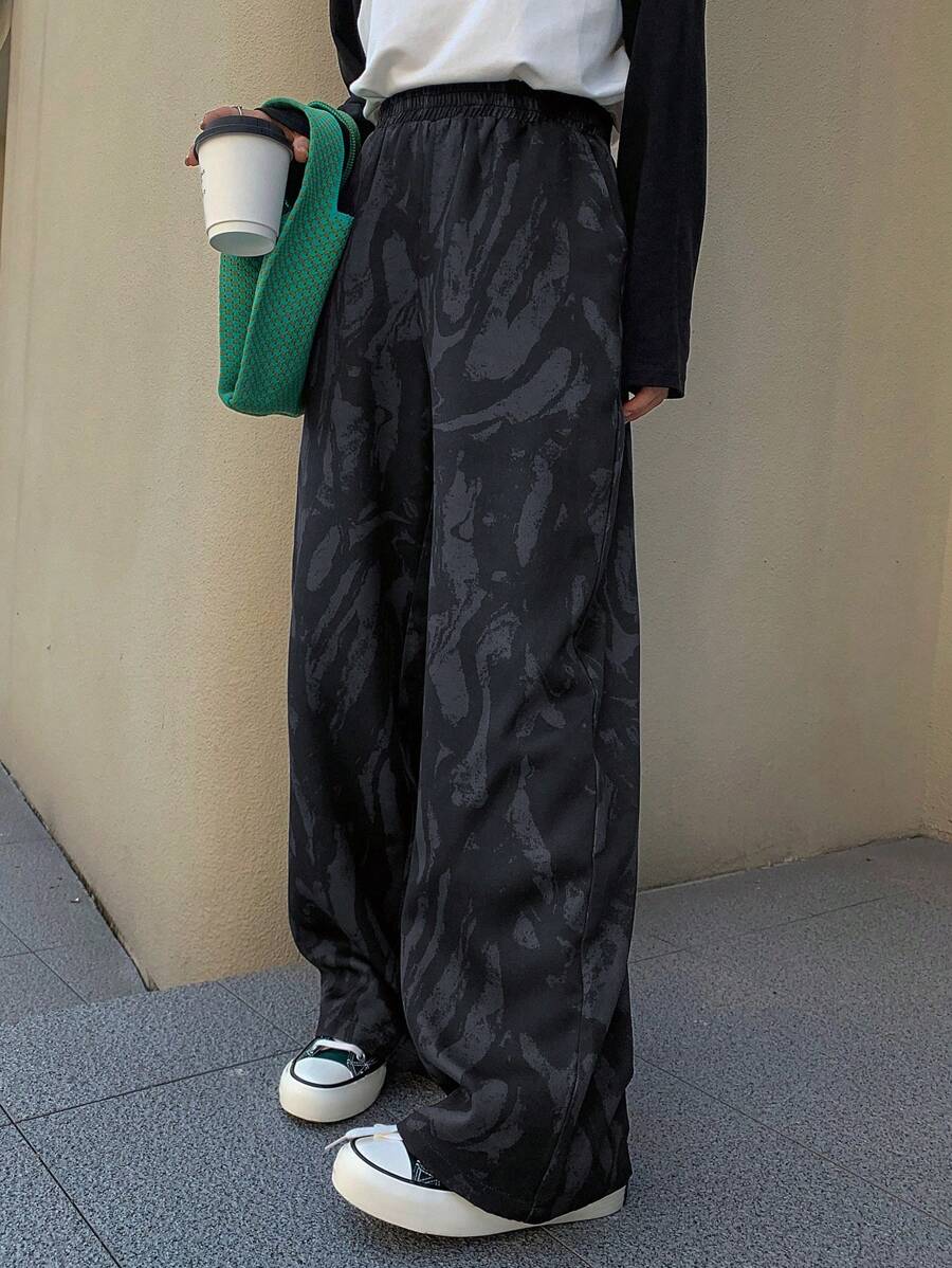 FRIFUL Marble Print Wide Leg Pants Fall,Winter - Dark Grey - View 1