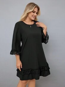 RueChic Plus Contrast Lace Ruffle Trim Flounce Sleeve Smock Dress - Black - View 4