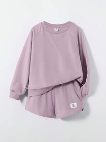 SHEIN 女大童字母貼布插肩袖套頭衫和短褲 - 淺灰紫 - 查看 1