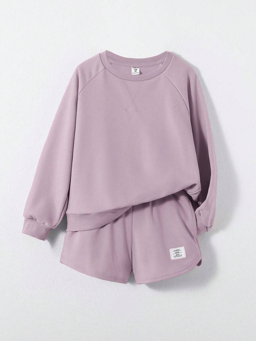 SHEIN 女大童字母貼布插肩袖套頭衫和短褲 - 淺灰紫 - 查看 1