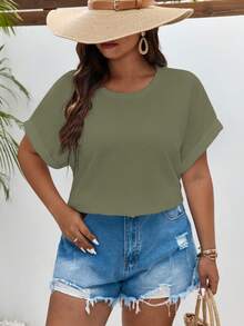 SHEIN Frenchy Plus Solid Batwing Sleeve Tee - Olive Green - View 5