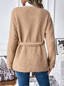 SHEIN LUNE Solid Belted Teddy Coat Fall Cloth For Women - Khaki - View 2