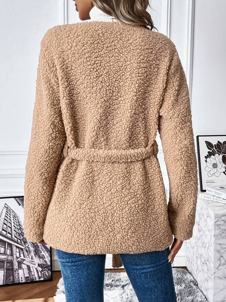 Solid Belted Teddy Coat Fall Cloth For Women