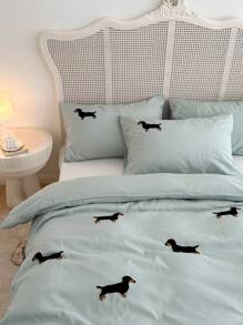 3pcs 100% Polyester Dachshund Embroidery Duvet Cover Set Without Filler,(1Duvet Cover &2 Pillowcases), Modern Polyester Bedding Set For All Season