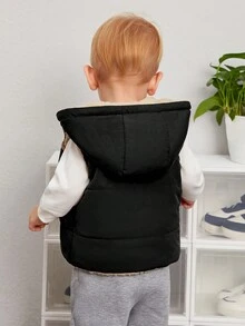 SHEIN 男嬰 1 入組熊刺繡 3D 耳朵設計連帽抓絨背心夾克 - 黑色 - 查看 2