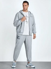 GENTILAND Men Plus Letter Graphic Zip Up Hoodie & Sweatpants - Grey - View 5