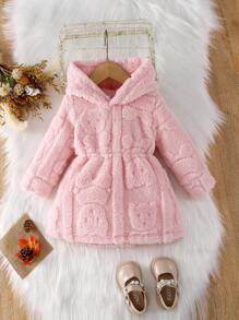 SHEIN 女婴休闲可爱保暖羊毛连帽连衣裙，适合秋冬季户外穿着 - 粉色 - 查看 6