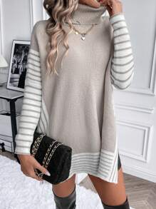 SHEIN LUNE Striped Pattern Turtleneck Drop Shoulder Knit Pullover Fall Winter Sweater - Khaki - View 4