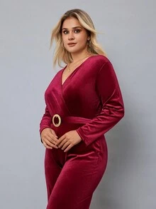 RueChic Plus Surplice Neck Belted Wide Leg Jumpsuit - Burgundy - View 3