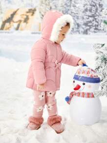 SHEIN 女婴同款系带毛绒装饰连帽棉服外套