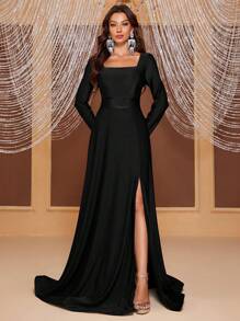 YISIKADO 方领开叉大腿连衣裙黑色优雅长袖正式晚会舞会婚礼宾客礼服，适合毕业典礼、晚宴派对礼服 - 黑色 - 查看 6