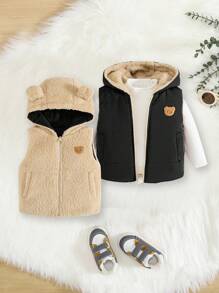 SHEIN 男嬰 1 入組熊刺繡 3D 耳朵設計連帽抓絨背心夾克 - 黑色 - 查看 1