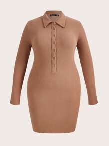 SHEIN BASICS Plus Button Front Bodycon Dress - Brown - View 8