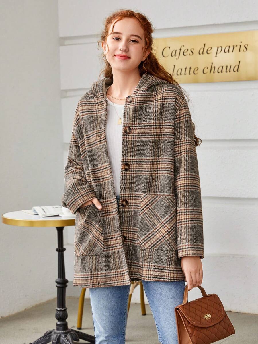 SHEIN Teen Girl 1pc Plaid Dual Pocket Teddy Lined Hooded Overcoat